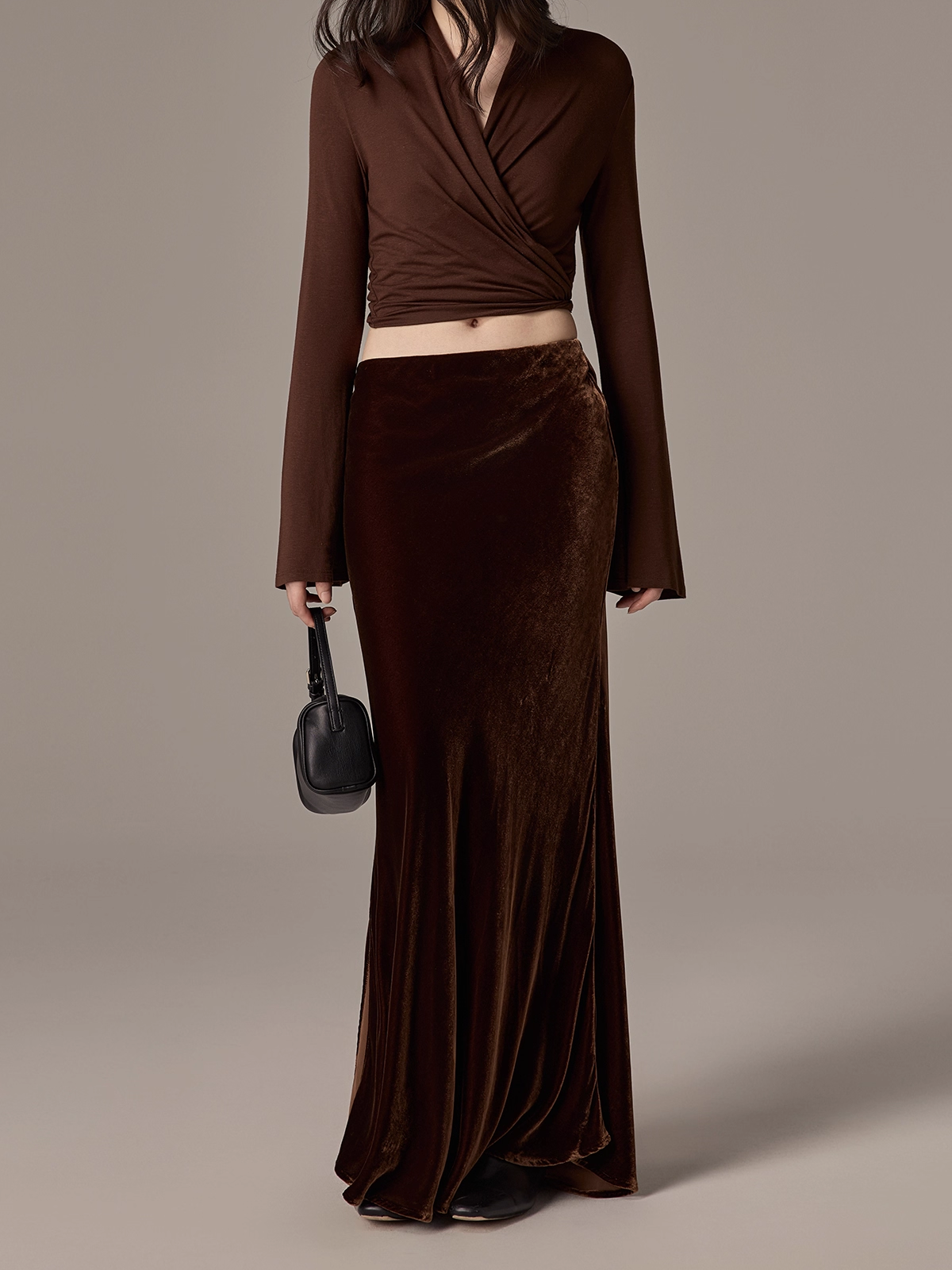 100% Silk Velvet Midi Skirt – French Vintage Slimming Mermaid Skirt with Side Slit