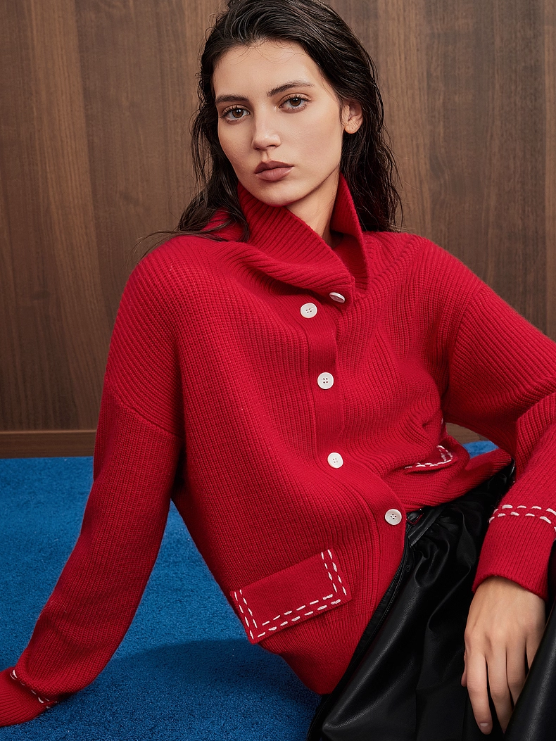 Red Knit Cardigan for Women – New Winter Merino Wool Cozy Christmas Sweater