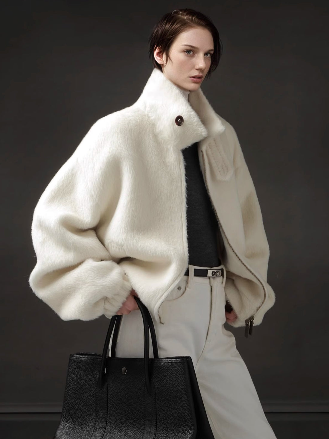Vintage Harrington Jacket for Women – Luxury Suri Alpaca Wool Coat with Soft Textured Finish