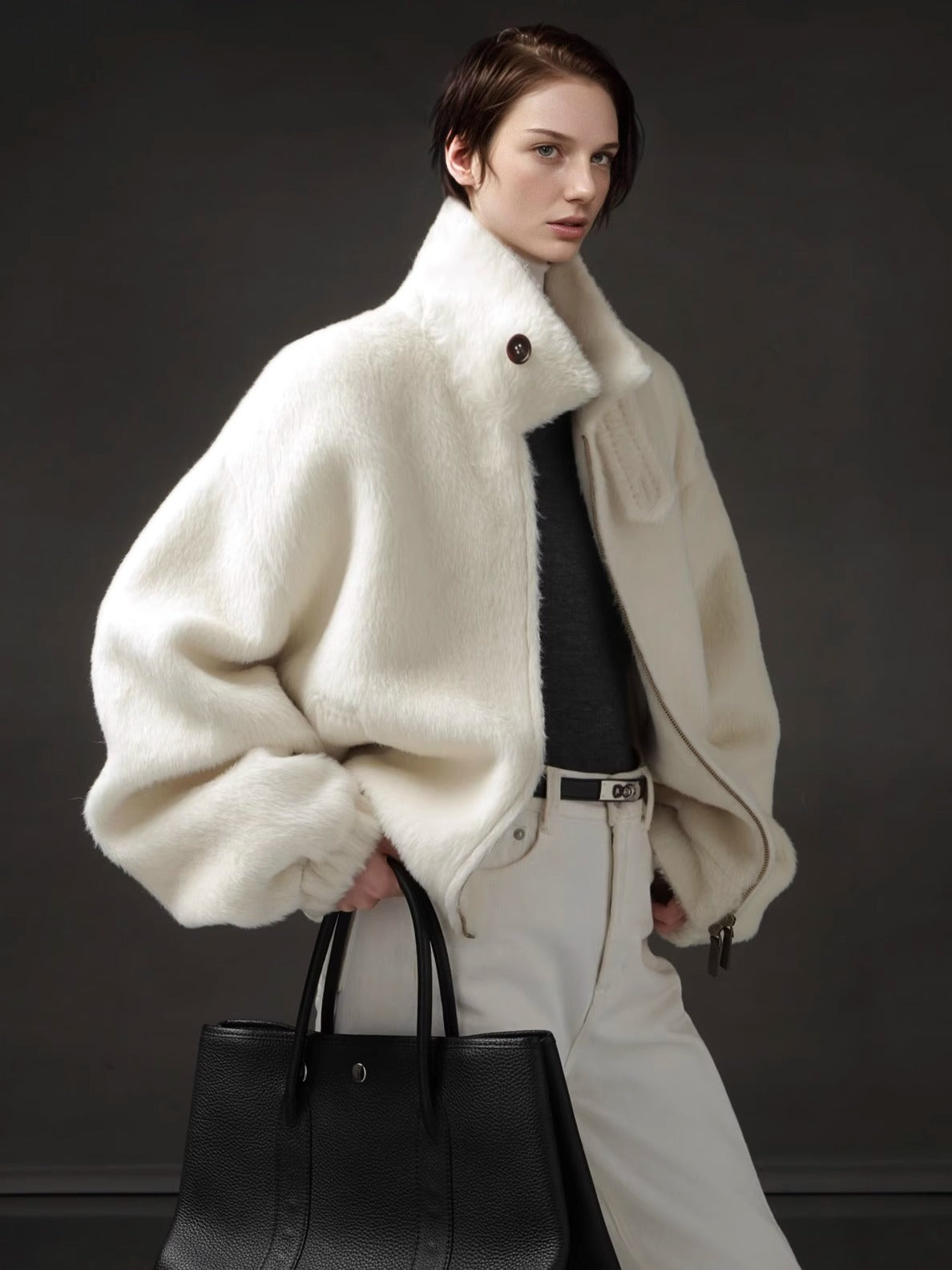 Vintage Harrington Jacket for Women – Luxury Suri Alpaca Wool Coat with Soft Textured Finish