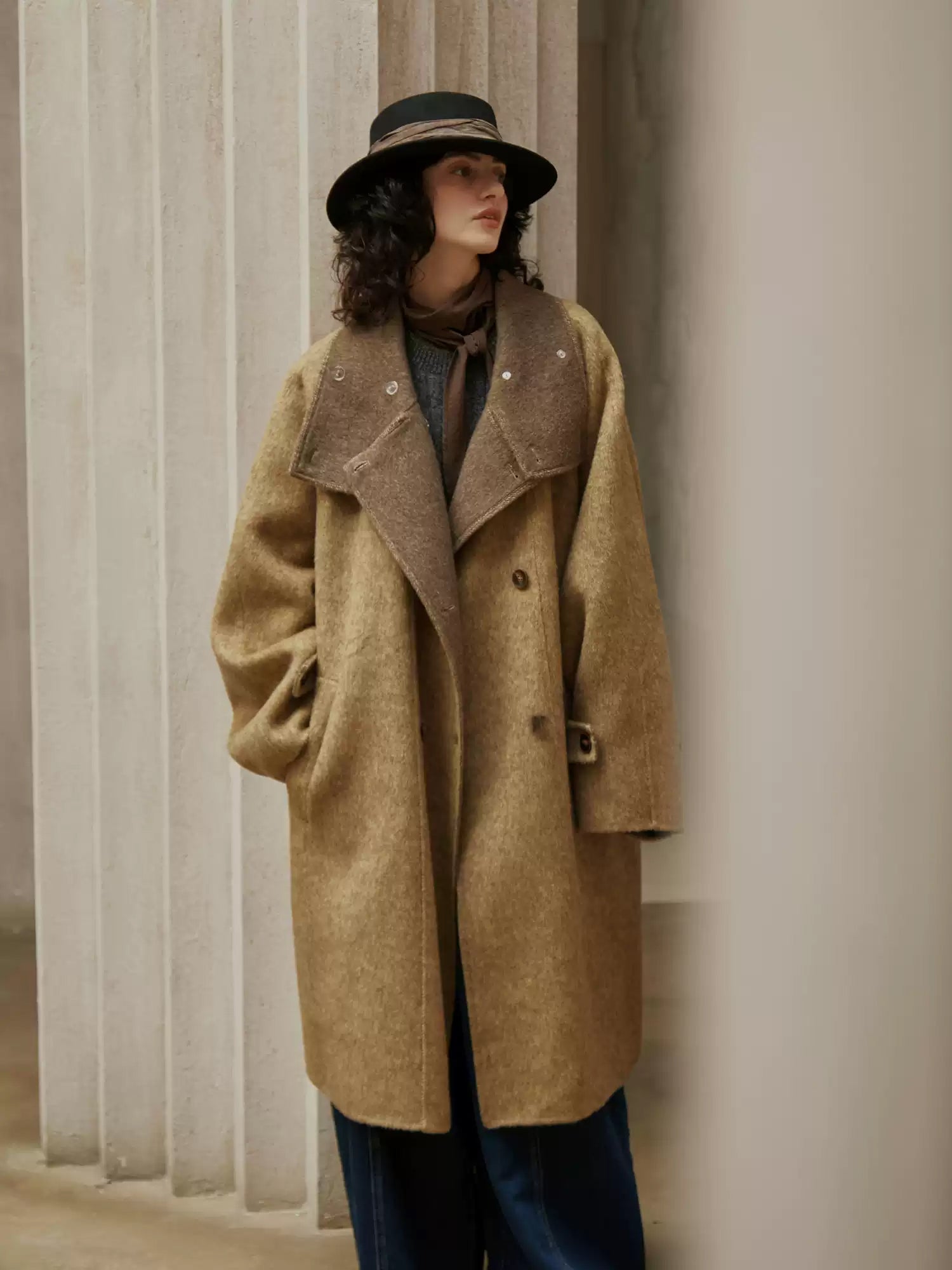 Vintage Double-Breasted Wool Cashmere Blend Coat for Women – Winter New Loose Silhouette, Mid-Length Double-Faced Wool Overcoat