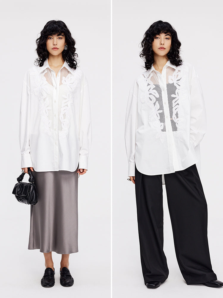 Chic Intellectual Lace Blouse | Elegant ROW Style Hollow-Out Design Oversized White Shirt