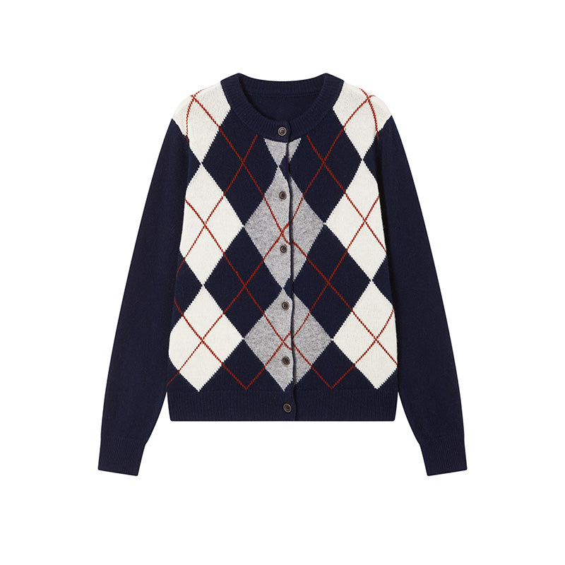 Australian Merino Wool Plaid Cardigan | Vintage Drop-Shoulder Intellectual-Style Knitwear for Women