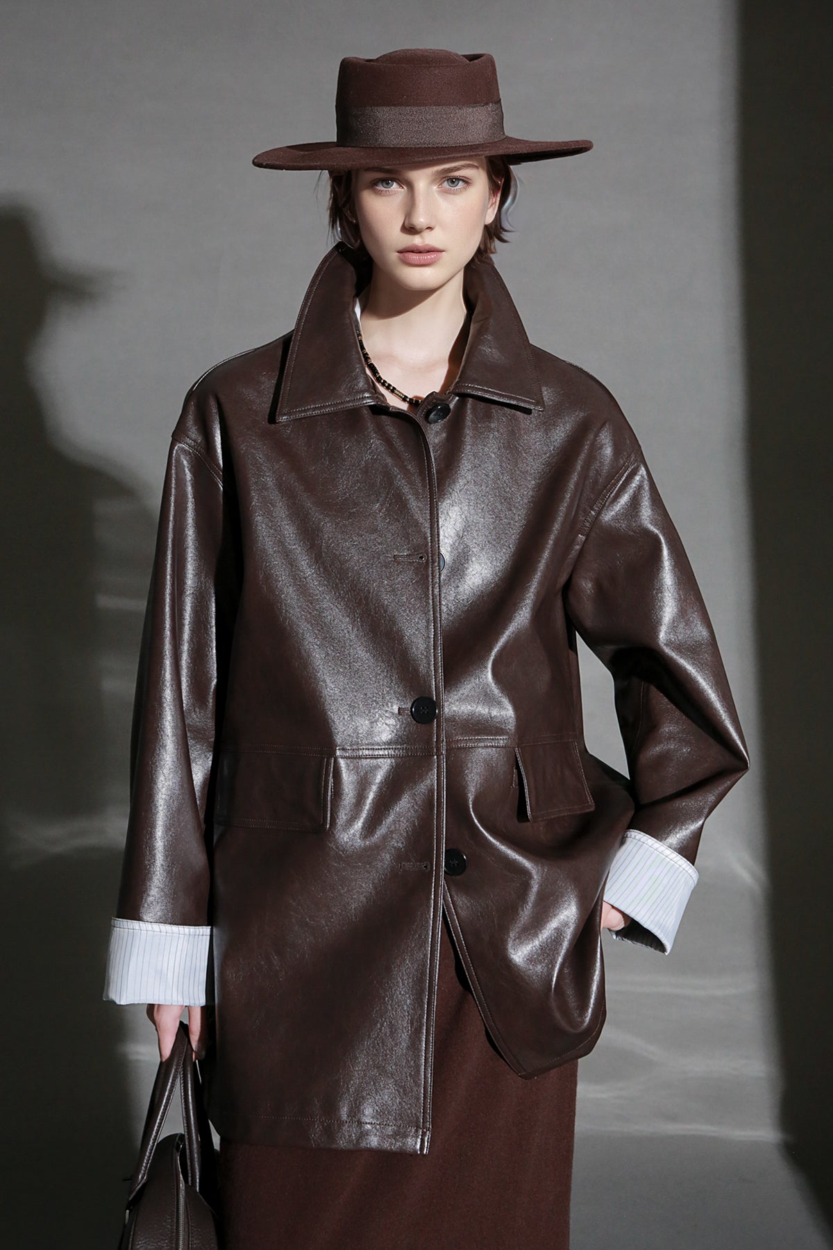 Brown Lambskin Leather Jacket for Women – Short Turn-Down Collar Biker Coat with Striped Cuffs, Chic Fall Outerwear