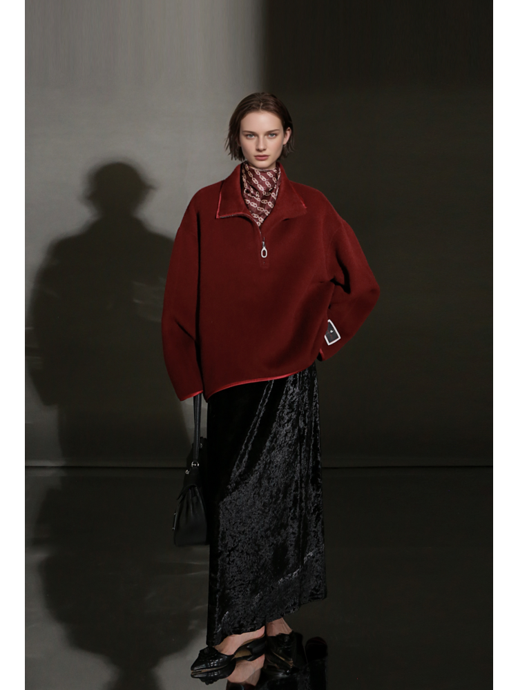 Oversized Camel Hair Sweatshirt Coat for Women – Stand Collar Double-Faced Wool Jacket with Minimalist Luxe Style