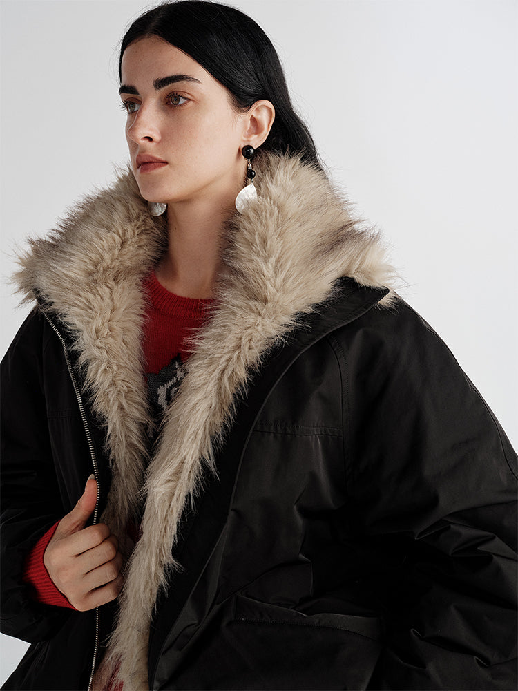 Eco-Friendly Faux Fur Flower Bud Collar Puffer Jacket | Stylish Short-Length & Versatile Women's Outerwear