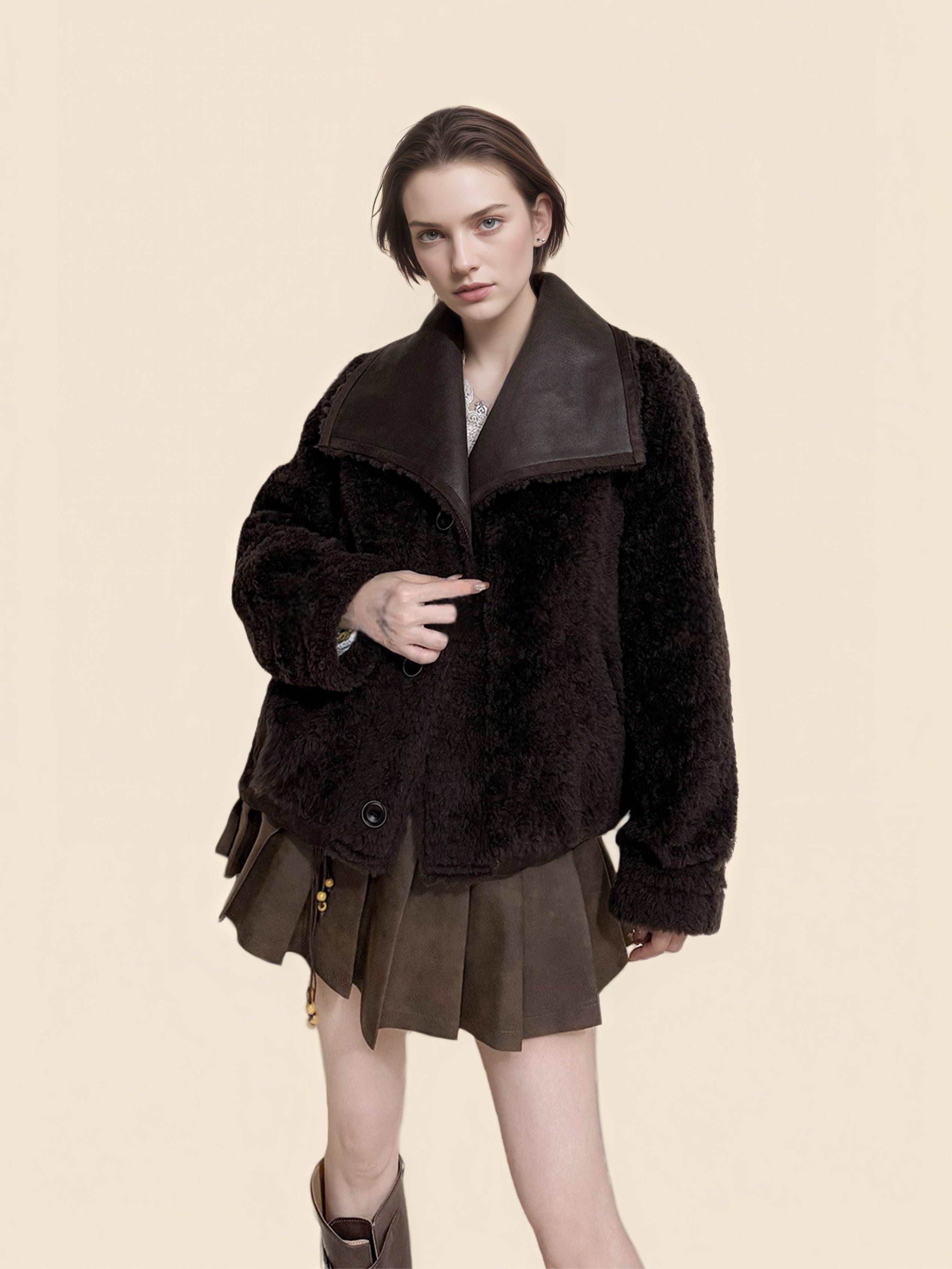 Reversible Suede-Finish Coat for Women – Faux Shearling Lined Winter Short Jacket with Lapel Collar