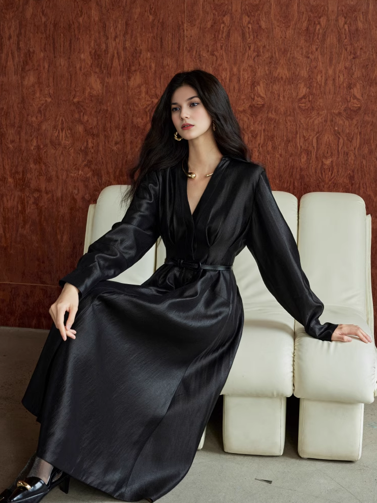 Silk Jacquard Satin Shirt Dress for Women – Belted Waist Flared A-Line Long Dress with Lustrous Finish