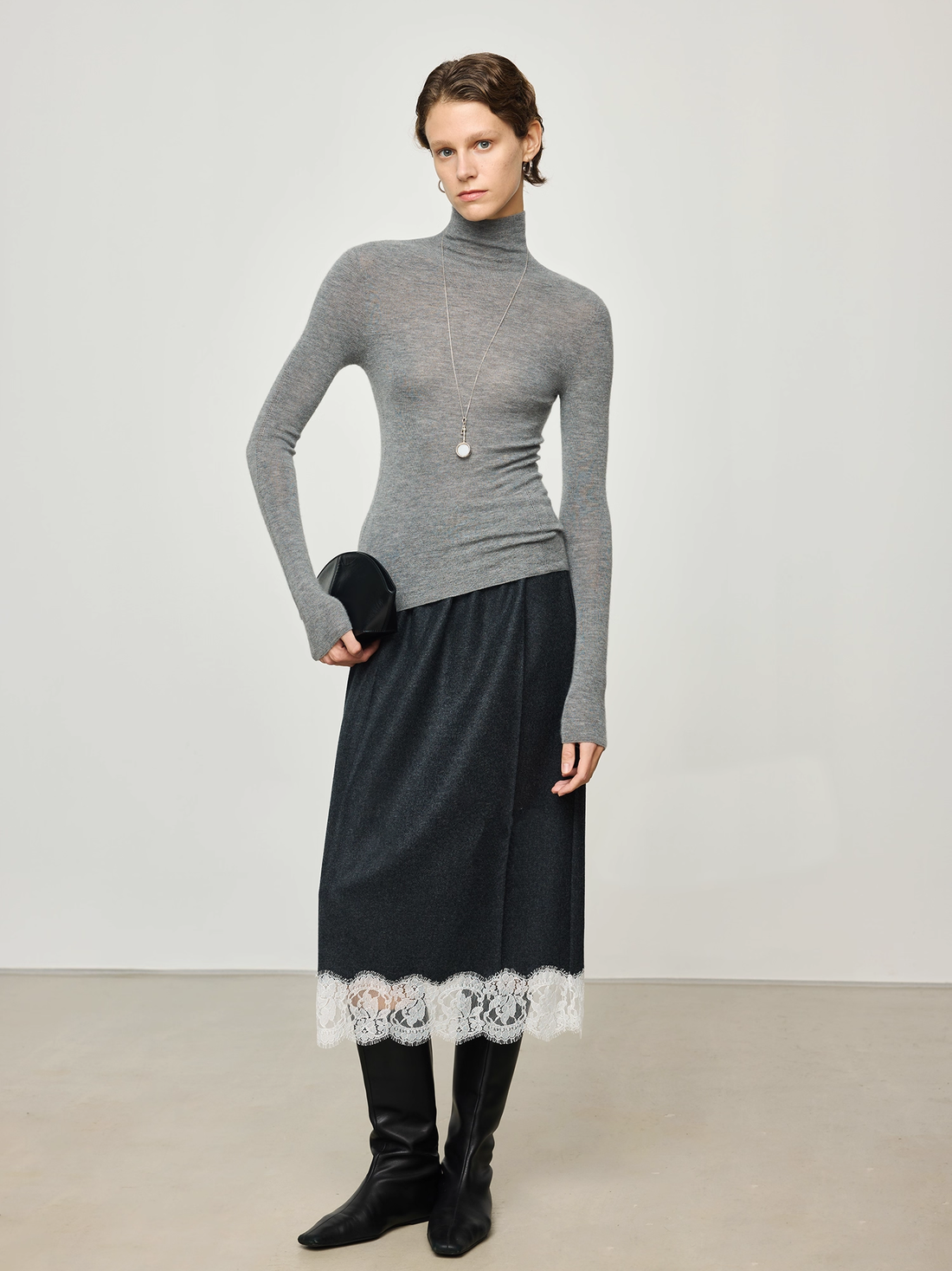 Italian VBC Wool Flannel Skirt for Women | French Lace, Elastic Waist, Straight Midi Skirt