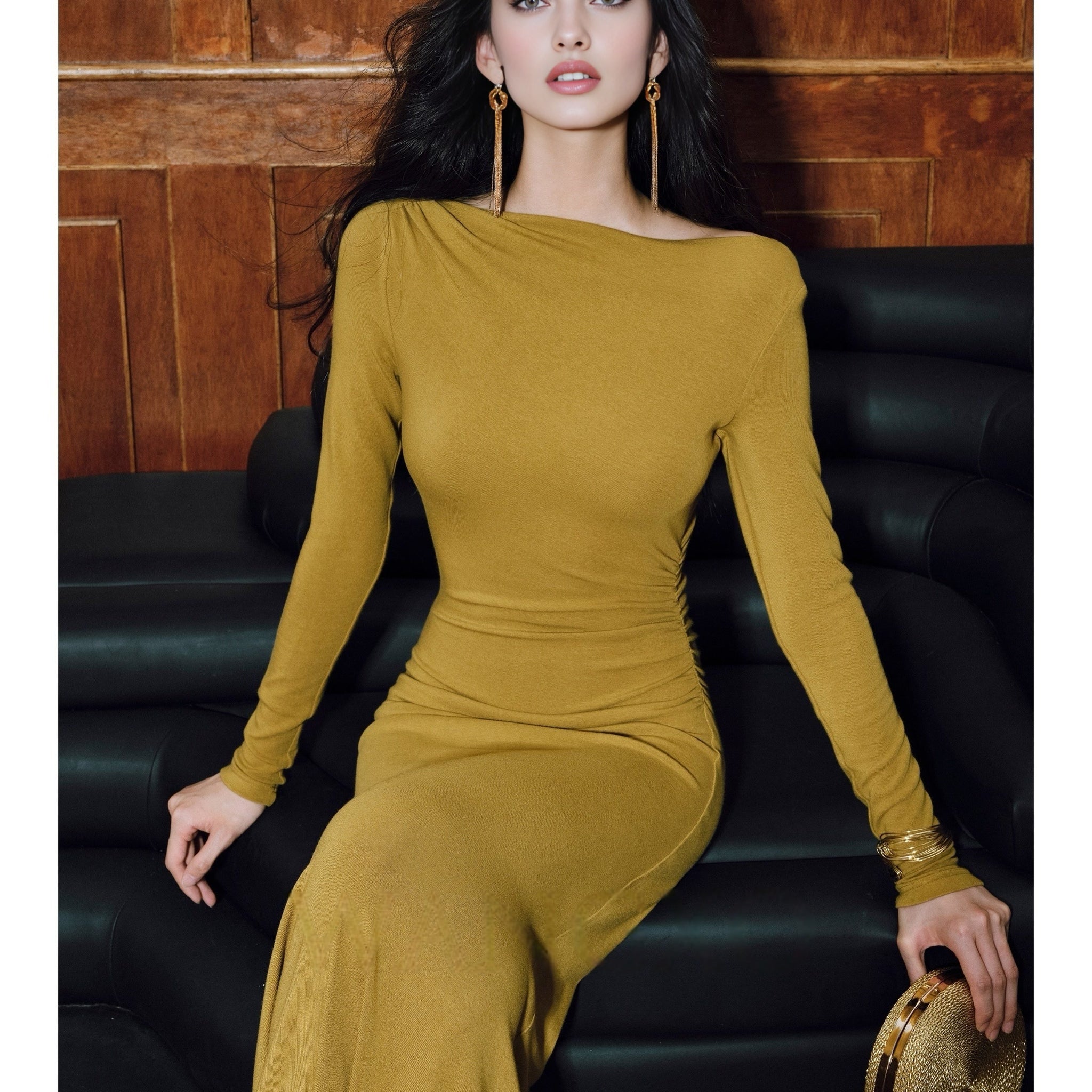 Women’s Lightweight Knit Dress – Deconstructed Pleats, Boat Neck, Slim A-Line Fit