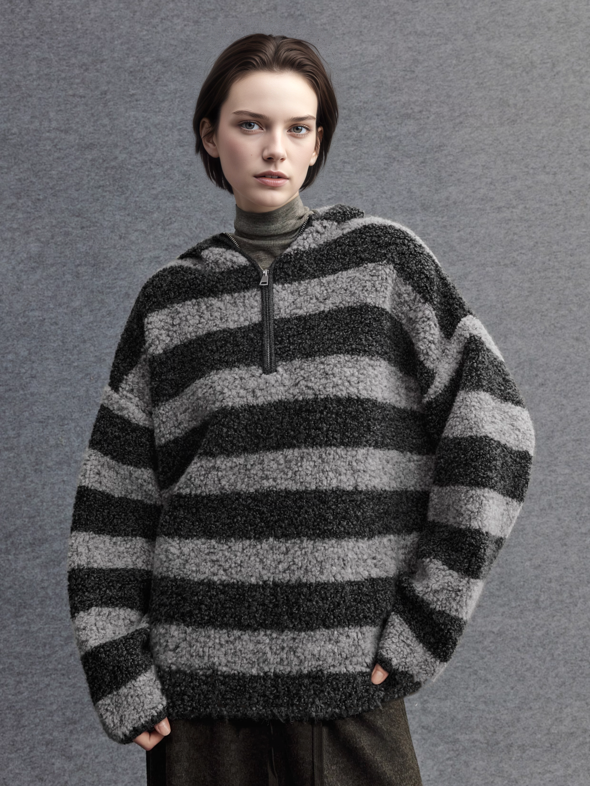Pure Wool Hooded Striped Sweater for Women | Relaxed Half-Zip Loose-Fit Textured Knit Pullover