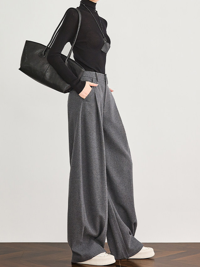 Women's Gray Wool Wide-Leg Suit Pants – Premium Draped Wool-Blend Trousers for Fall/Winter