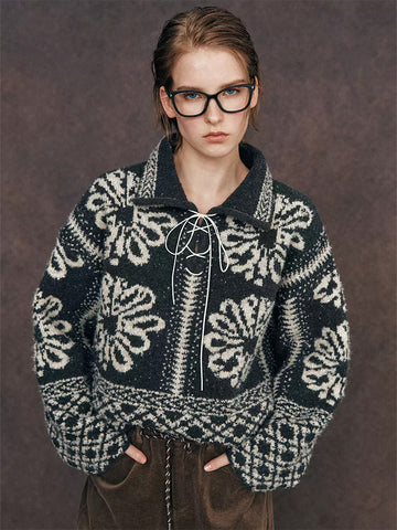 Paris Snow Velvet Fair Isle Knit | French-Style Tie Polo Collar Loose Slimming Pullover Sweater