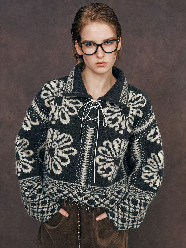 Paris Snow Velvet Fair Isle Knit | French-Style Tie Polo Collar Loose Slimming Pullover Sweater