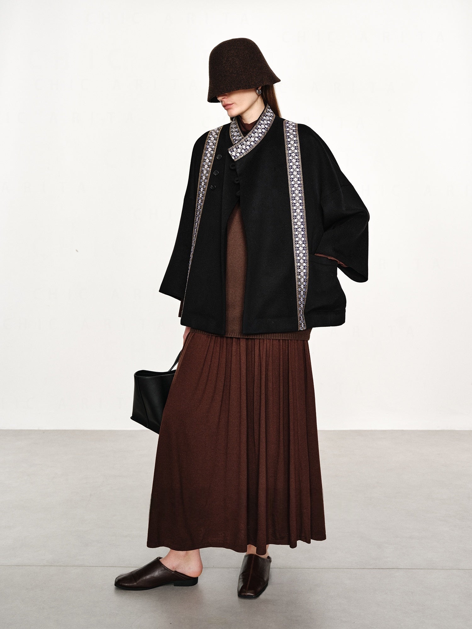 20% Cashmere Embroidered Double-Faced Wool Coat for Women – Short Wool Blend Overcoat