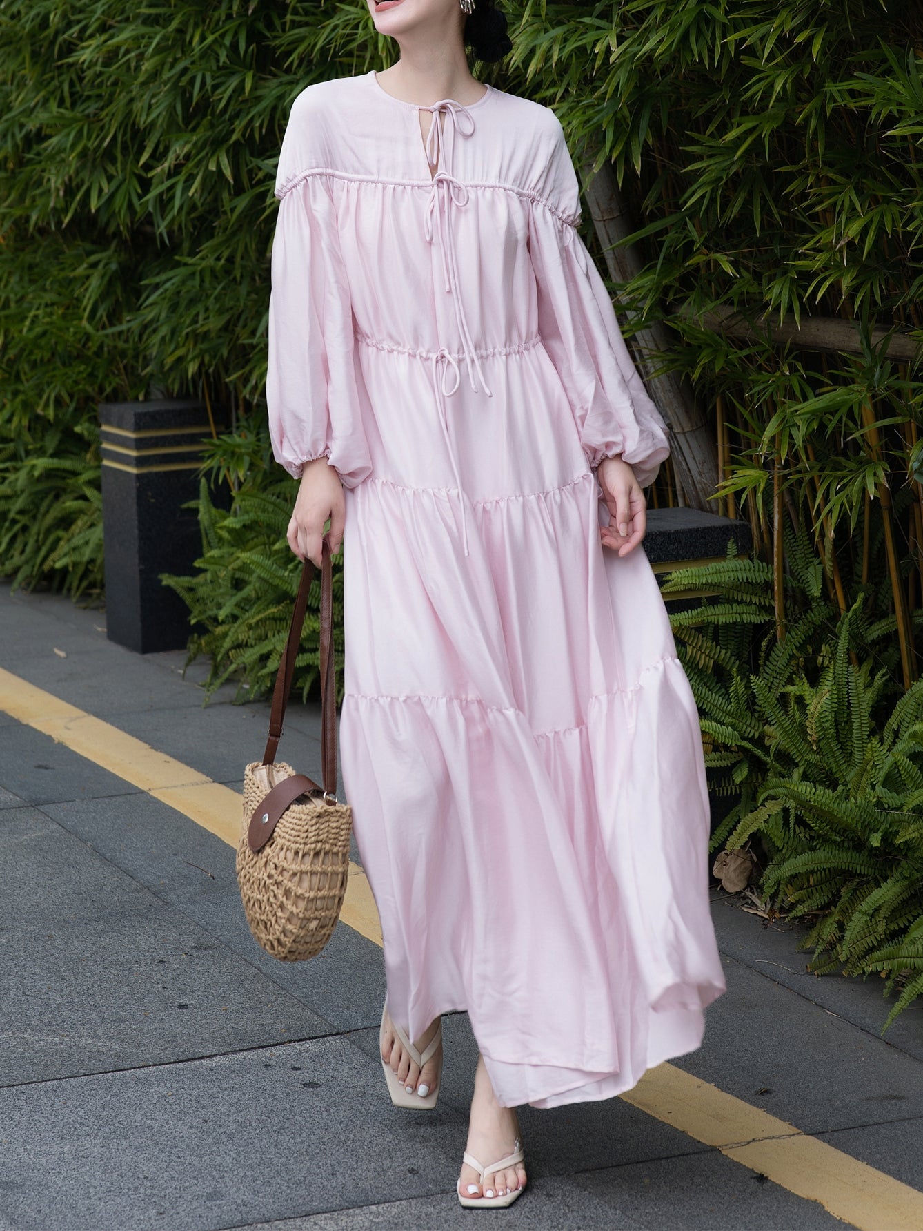 Autumn French Vacation Dress – Pink Drawstring Tie Waist & Lantern Sleeves