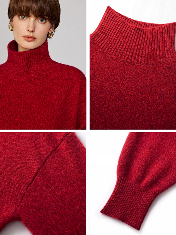 Soft New Year Red 100% Cashmere Sweater for Women – A-Grade Dyed Mélange Yarn, Thickened Turtleneck, Cozy Oversized Knit