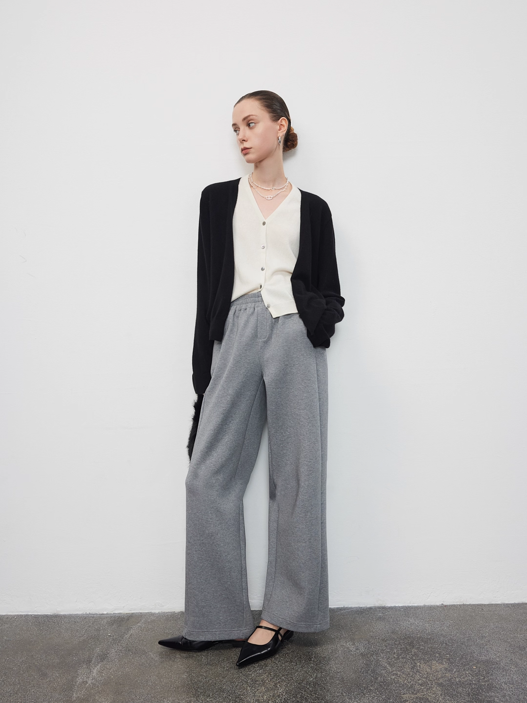 Layered V-Neck Contrast Trim Cardigan Jacket | Gray Wool Knit Unique Fall Top