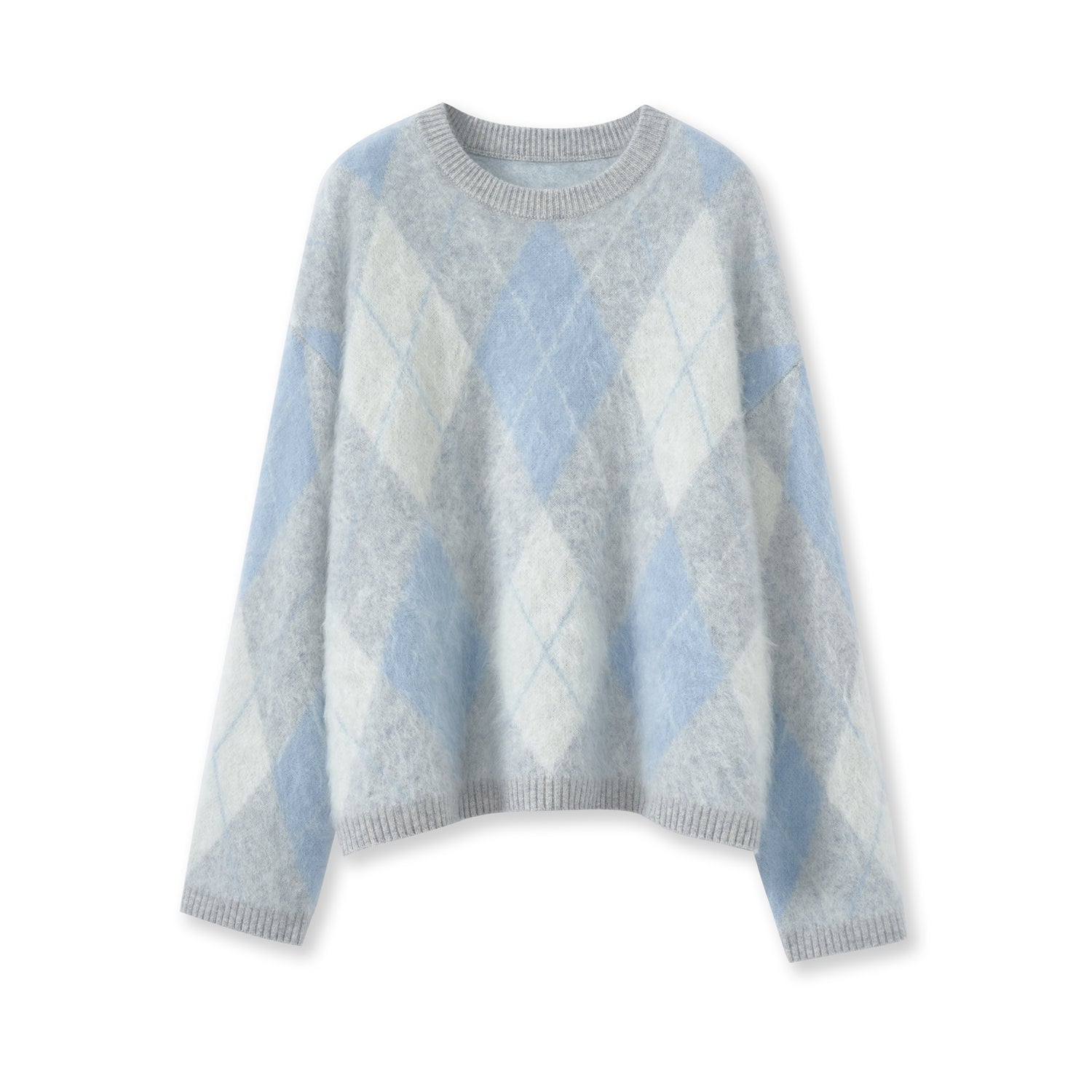 Brushed Cashmere Diamond-Pattern Crewneck Sweater for Women | Soft Long-Sleeve Knit in British-Inspired Style
