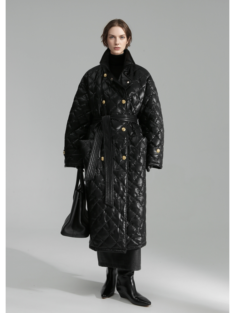 Quilted Lambskin Down Coat for Women – Elegant Mid-Length Slim Fit Jacket with Waist Design, White Duck Down Winter Outerwear