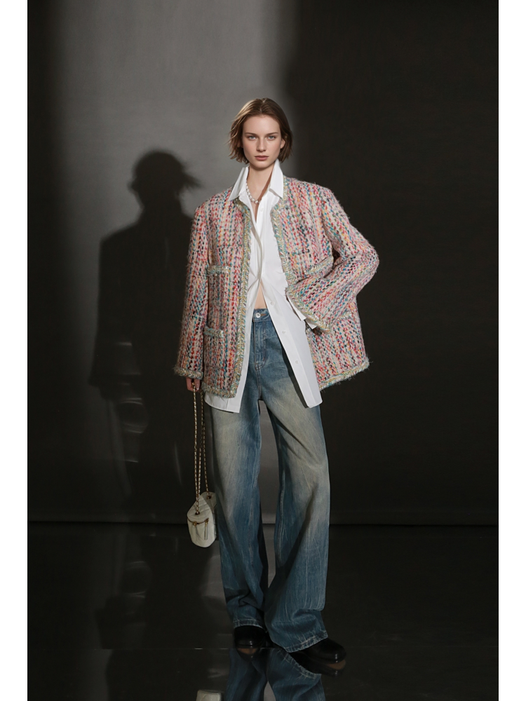Luxury Tweed Short Jacket for Women – Handwoven Colorful Yarn Chanel-Inspired Round Neck Blazer, Autumn Fashion