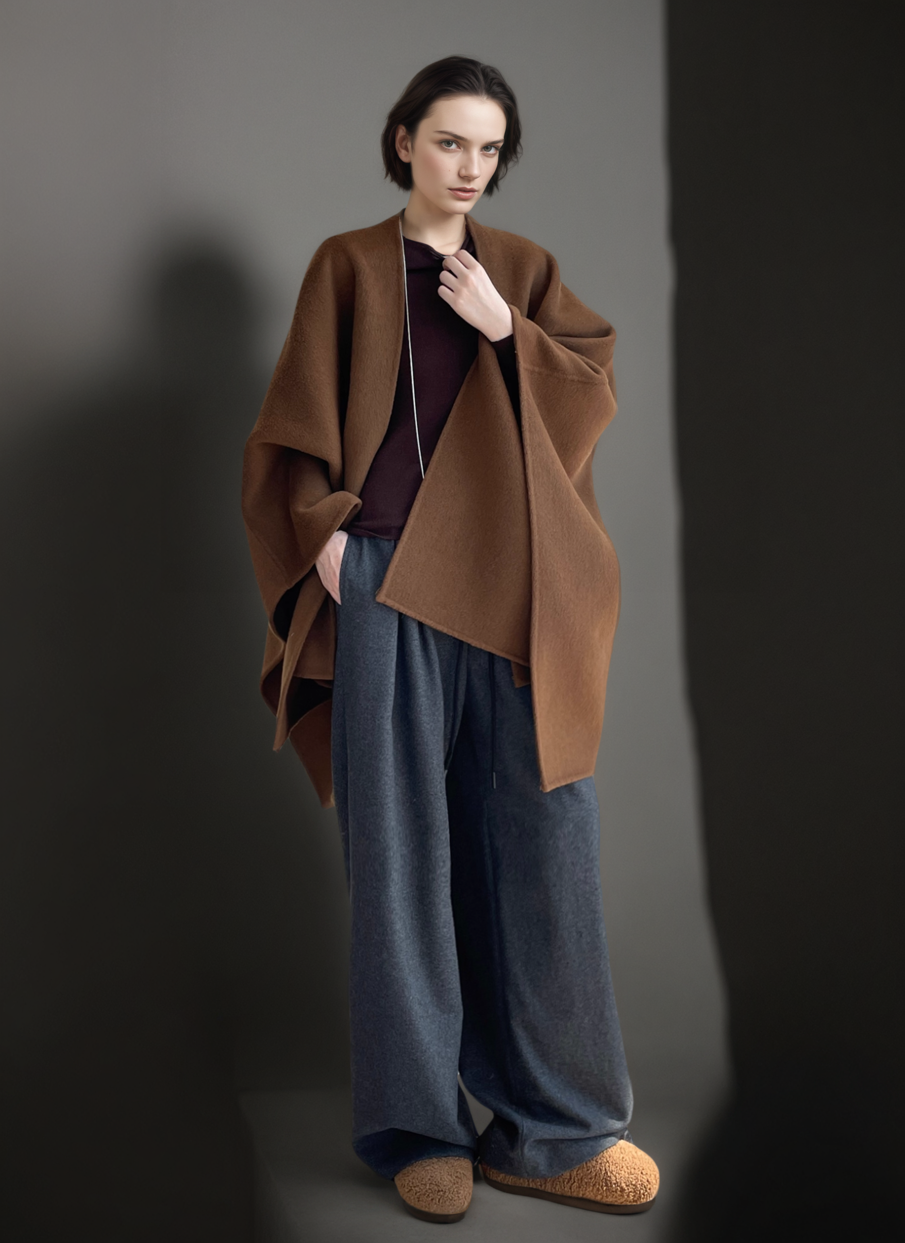 Women’s 80% Wool 20% Tencel Shawl Cape | Elegant Old Money Style Wrap in Classic Tan Brown