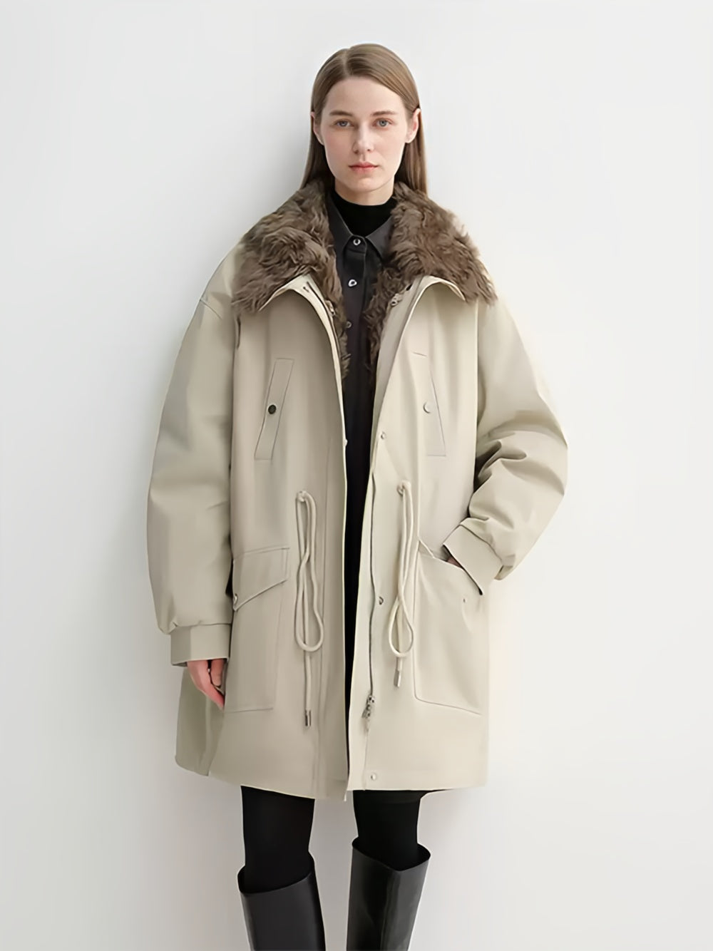 Mid-Length Down Parka with Detachable Wool Collar — Warm 90% Goose Down Fishtail Coat for Women