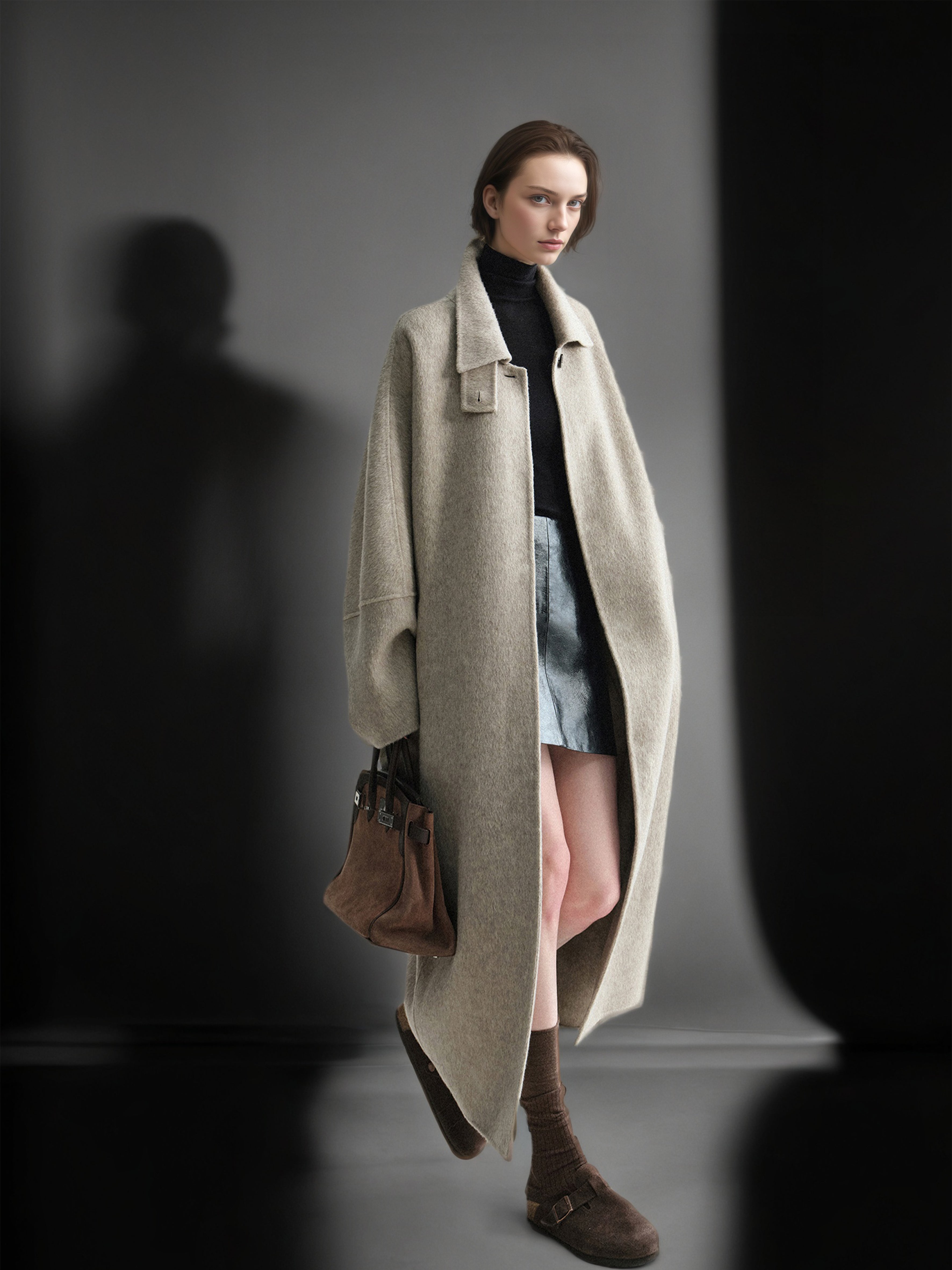 Tailored Wool, Camel & Yak Hair Coat with Complimentary Triangle Scarf – Old Money Style Double-Faced Wool Overcoat for Women Fall/Winter