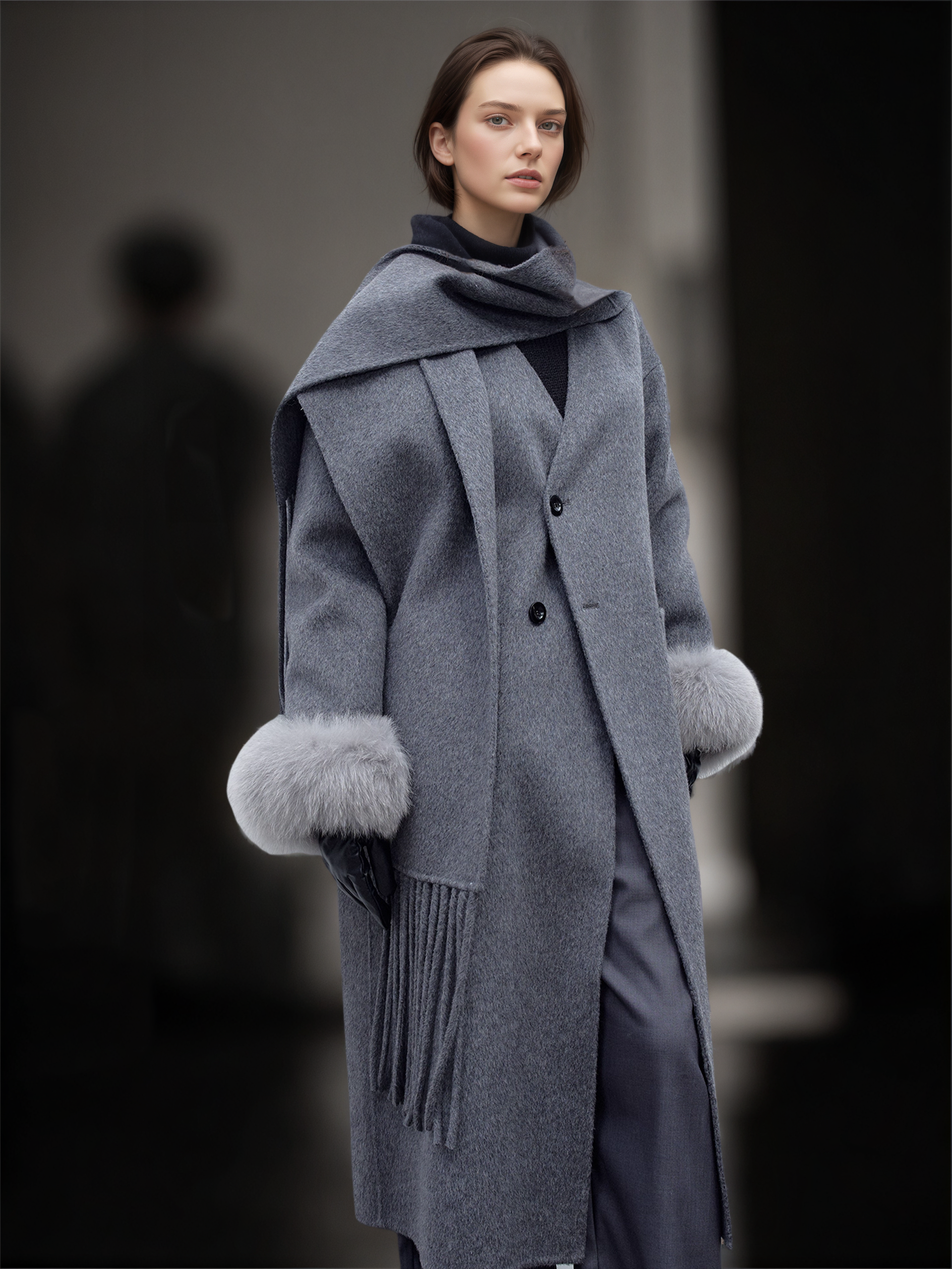 Women’s Long Double-Faced Wool Coat with Fox Fur Cuffs and Fringe Scarf | Fall Winter Overcoat