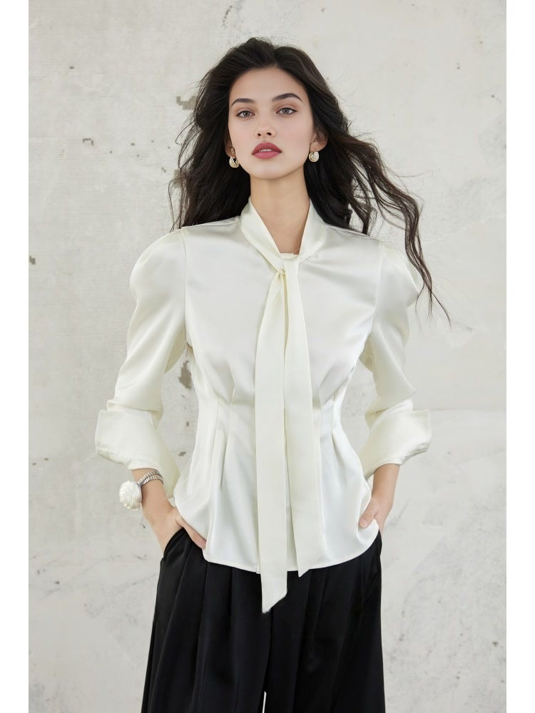 Women’s Luxury Satin Shirt – Floating Collar, Waist-Cinching Long Sleeve, Double-Faced Fabric