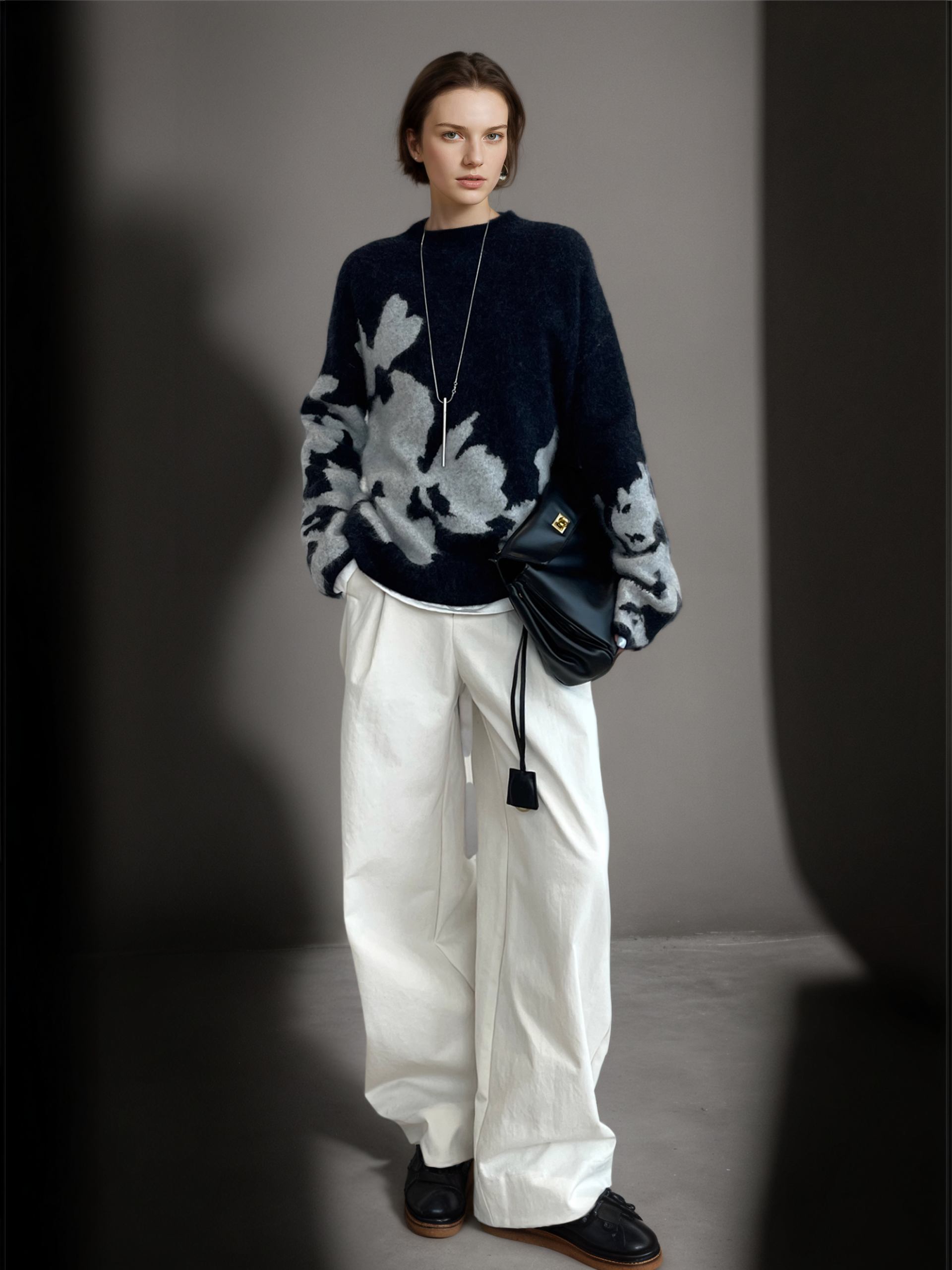 Women’s Wool Cashmere Jacquard Knit Sweater | Soft Brushed Pullover with Relaxed Fit for Fall Winter