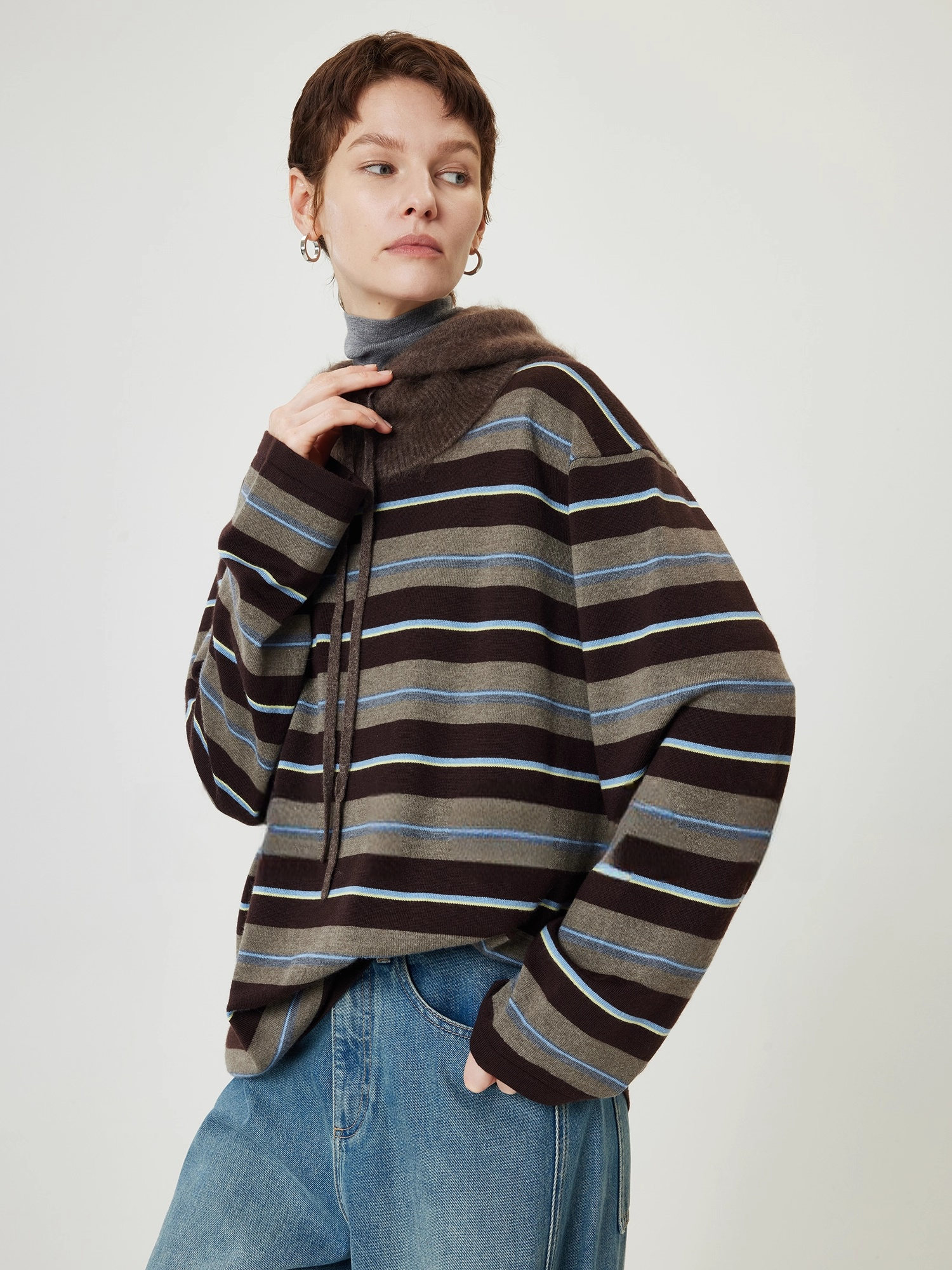 Washed Wool Striped Oversized Sweater for Women – Thick German-Style BIELLA Knit
