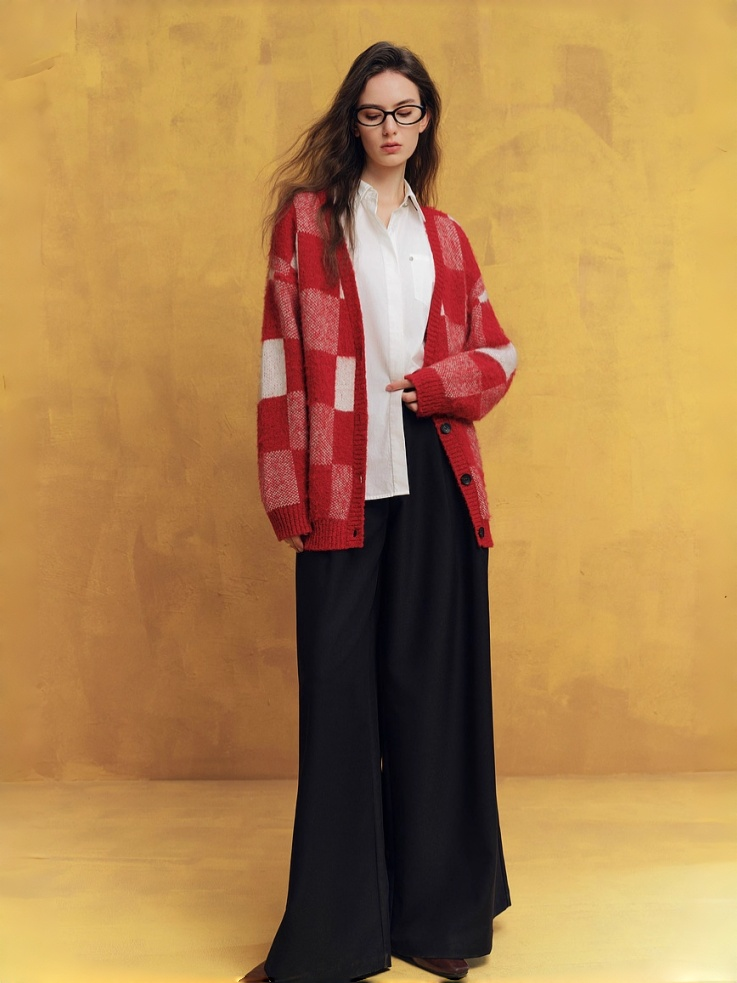 French-Style Wool Checkered Christmas Cardigan – New Cozy Loose-Fit Knit Sweater for Women