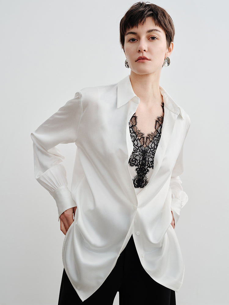Elegant 22MM Silk Crepe de Chine Shirt – Draped Lace Spliced Faux Two-Piece Design