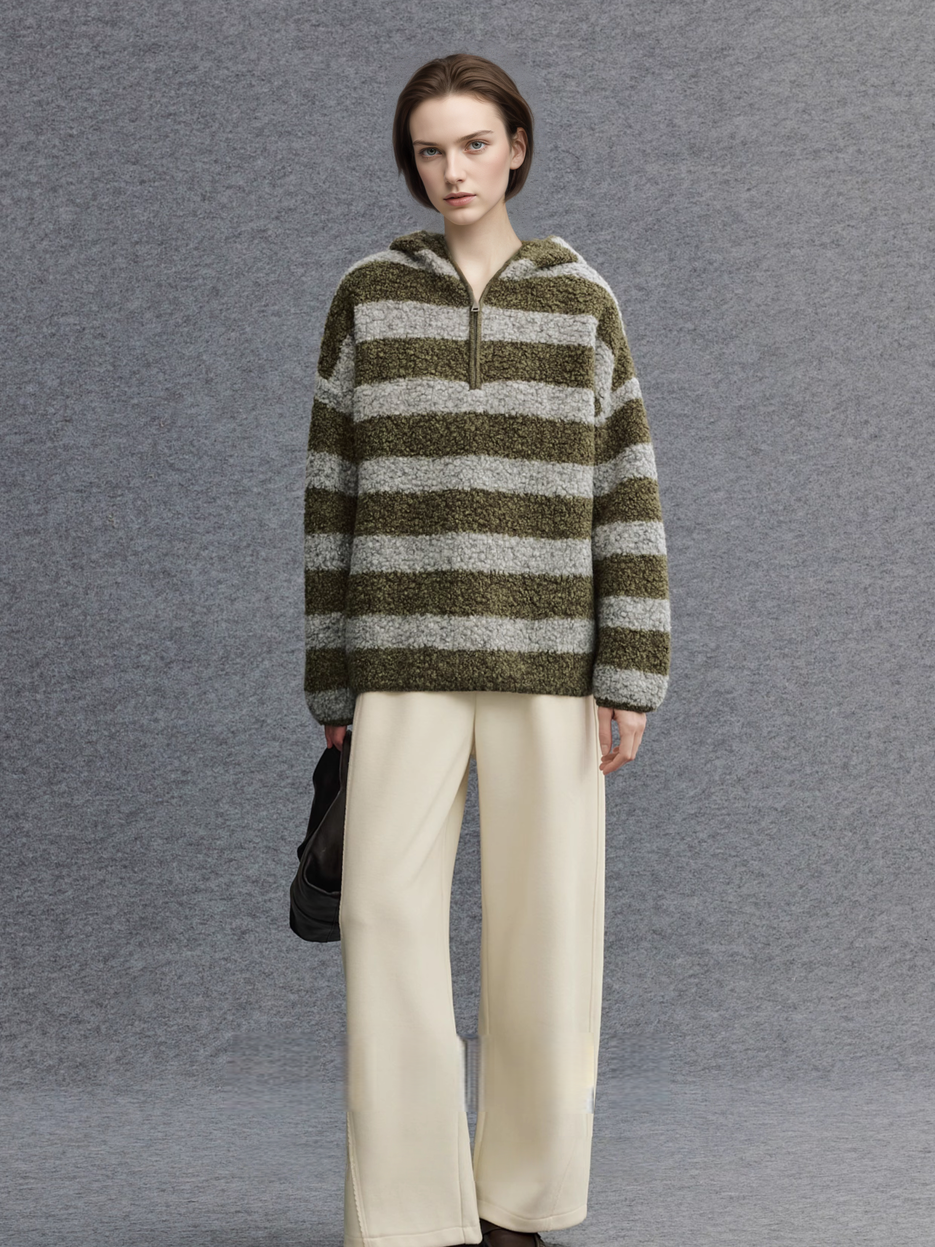 Pure Wool Hooded Striped Sweater for Women | Relaxed Half-Zip Loose-Fit Textured Knit Pullover