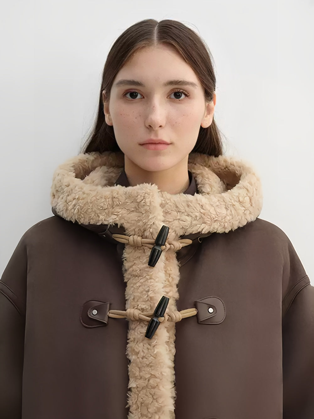Color-Contrast Shearling Hooded Coat for Women — Mid-Length Faux Sheepskin Jacket with Raw-Edge Trim