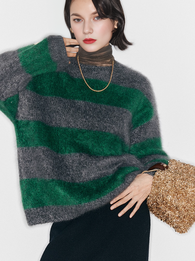 Nordic Christmas Night | Heavyweight Luxurious Brushed Cashmere Color-Block Striped Relaxed Soft Crewneck Sweater – Premium Winter Knitwear