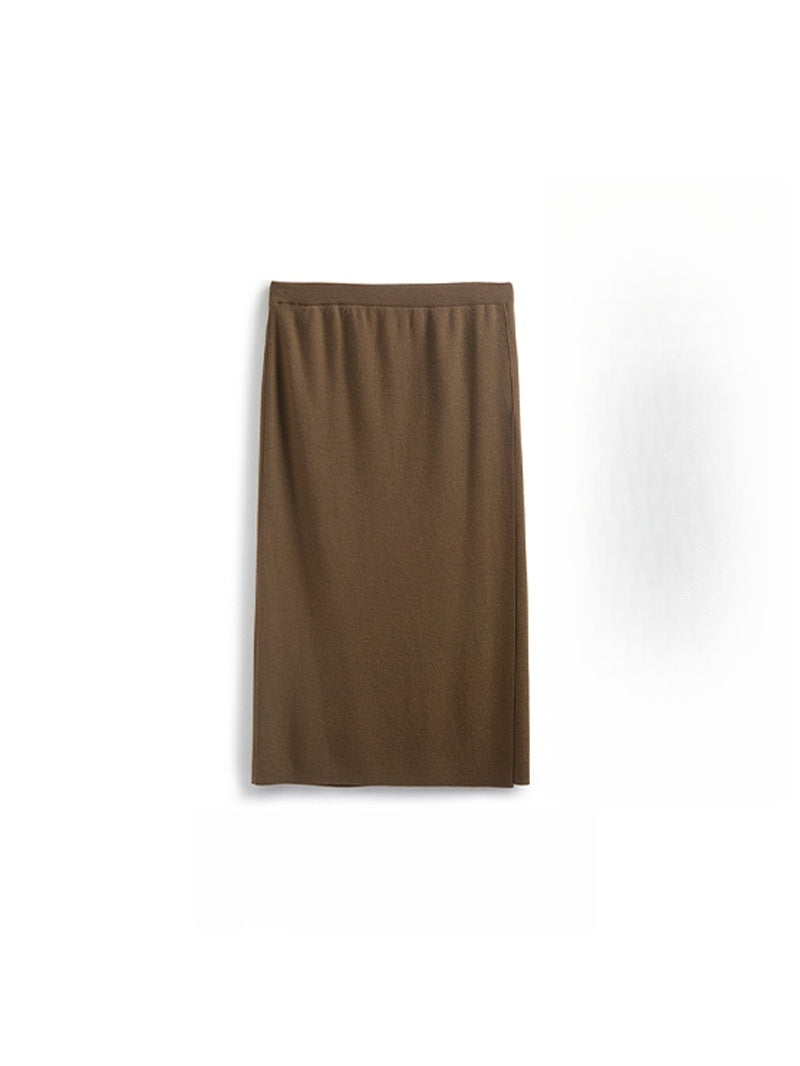 German Wool Yarn Ribbed Knit Pencil Skirt – Elegant Split Hem Wool Midi Skirt for Work