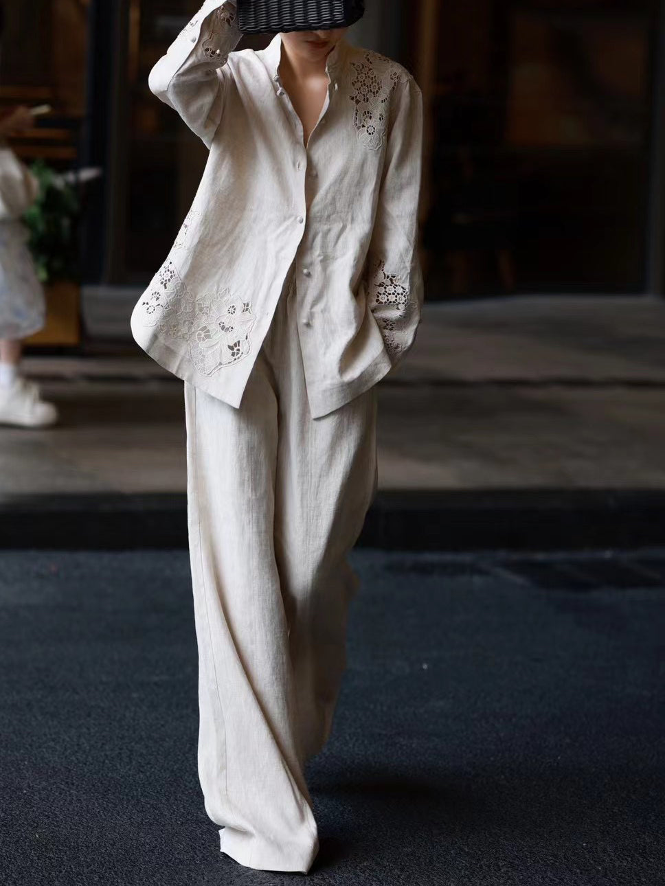 Premium Autumn Linen Set – Artisanal Hollow-Out Blouse & Wide-Leg Pants