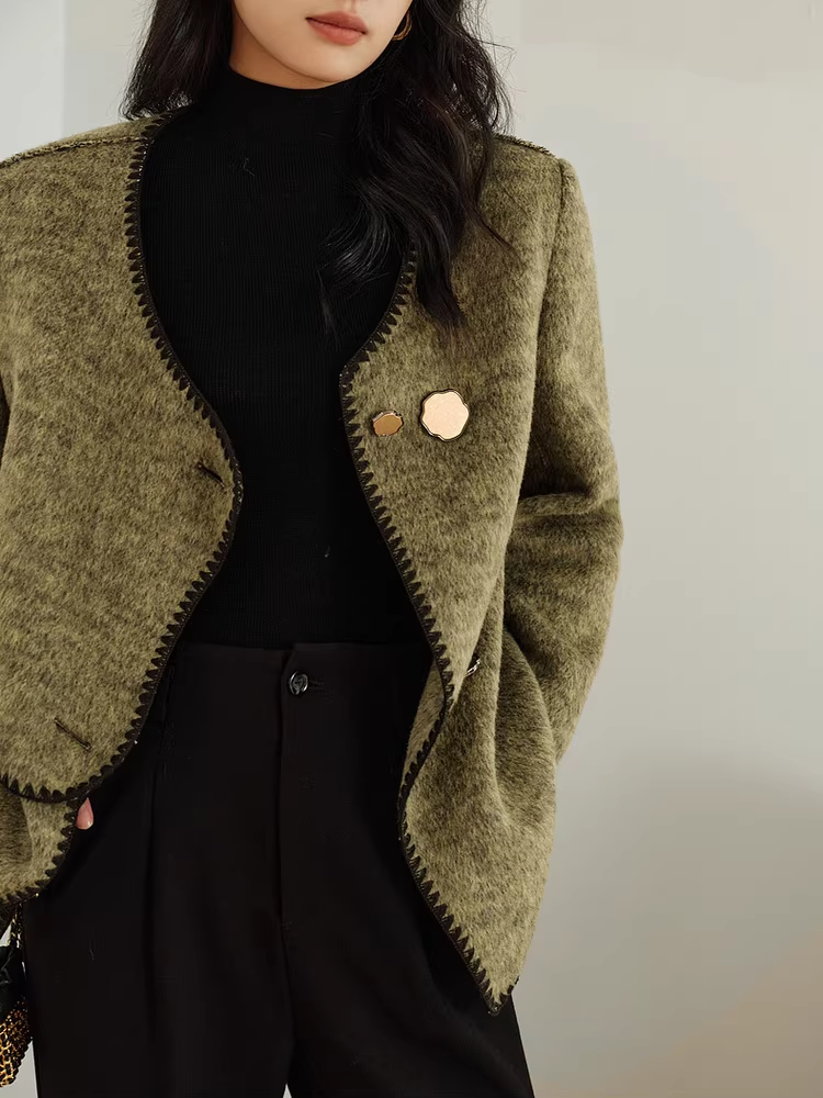 Women's Designer Green Wool Coat with Reversible Scarf – Double-Faced Wool Winter Overcoat