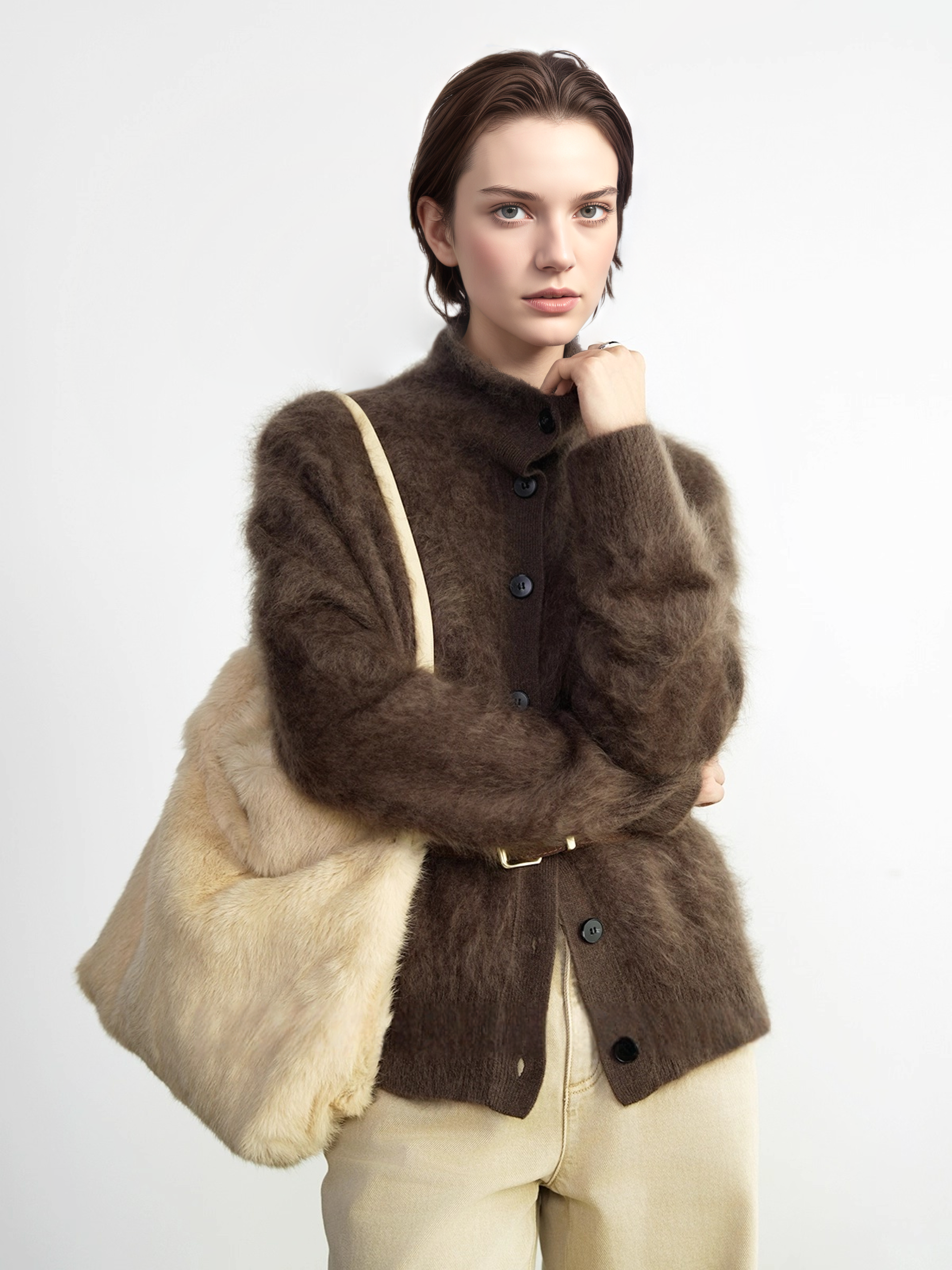 Premium Brushed  Cashmere 100% Stand-Collar Button Cardigan for Women