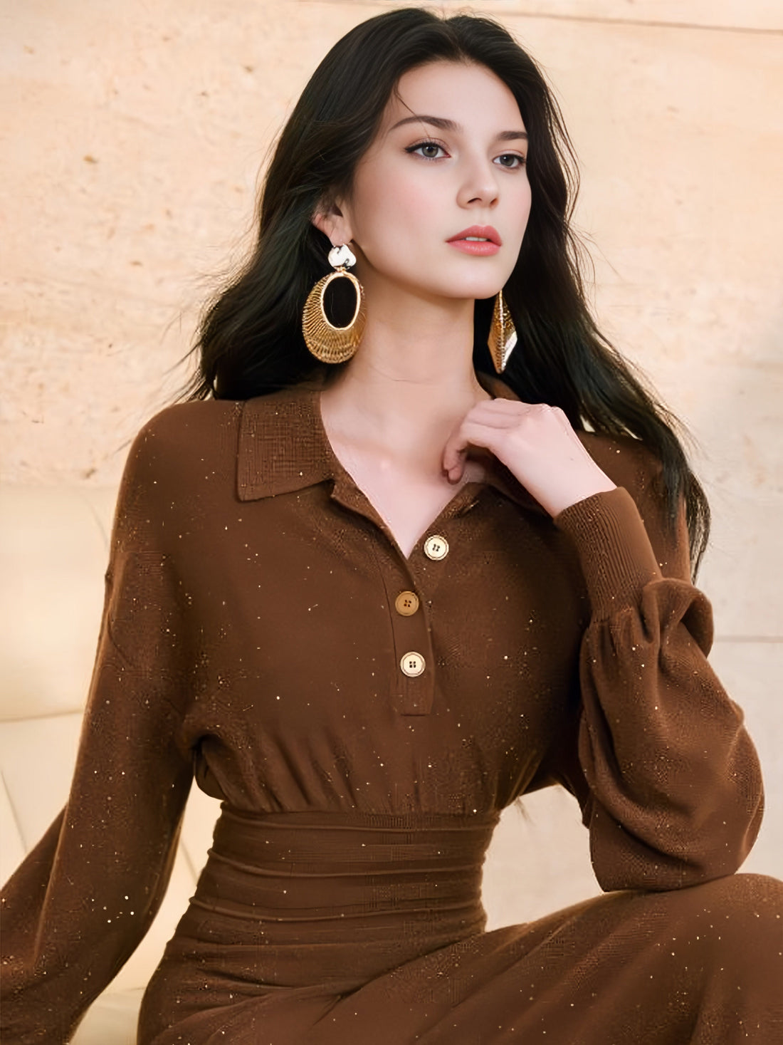 Star-Sequin Wool Stretch Knit Dress with Panelled Polo Collar and Balloon Sleeves