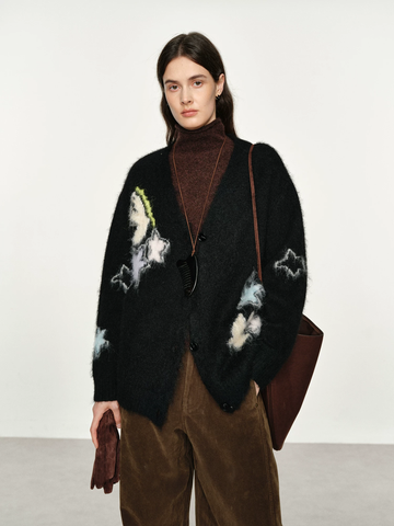 Women's Relaxed Vintage-Style Jacquard Wool V-Neck Knit Cardigan – Loose-Fit Fall/Winter Sweater Jacket