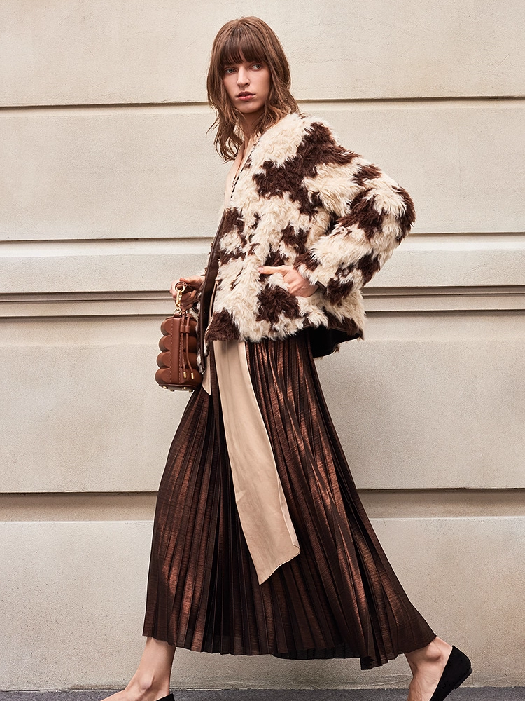 New Textured Metallic Satin Pleated Maxi Skirt for Women – Elegant Draped Long Skirt