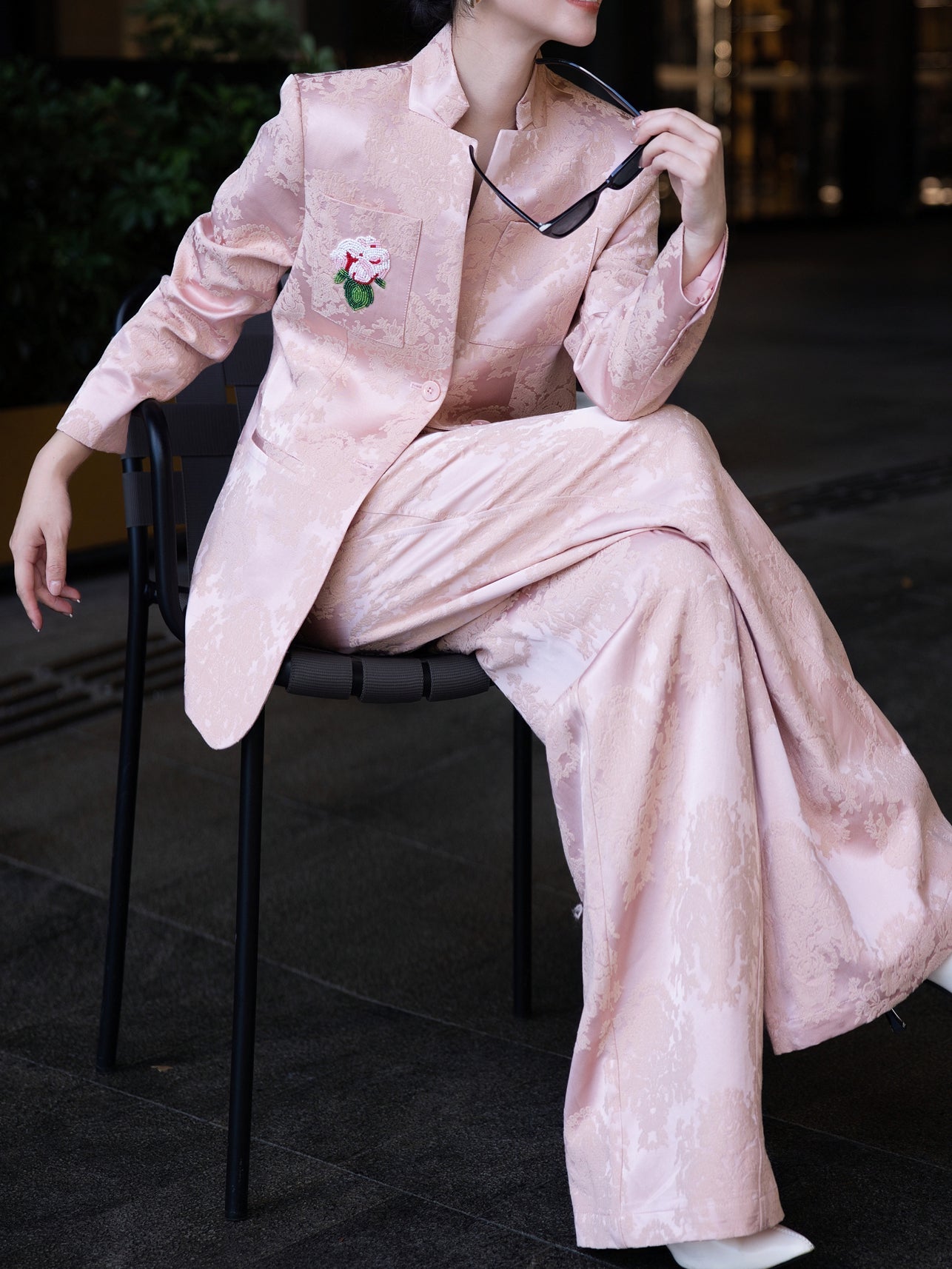 High-End Retro Jacquard Beaded Suit – Wide-Leg Pants Two-Piece Set