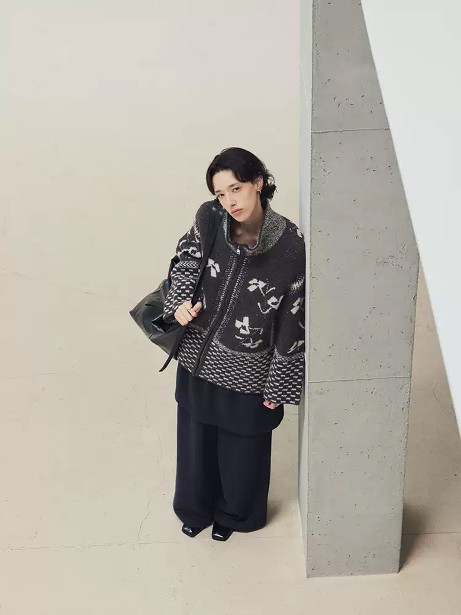 Women’s Wool-Blend Fair Isle Geometric Knit Sweater Jacket – Vintage Stand Collar Fall Winter Cardigan