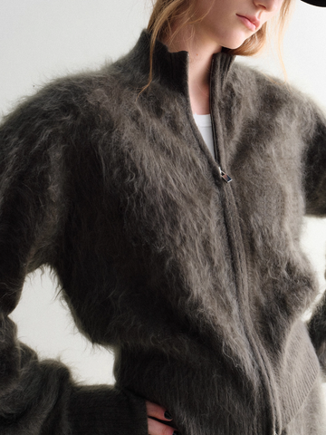 Luxury Brushed 100% Cashmere Stand-Collar Zip-Up Cardigan | Soft Fleece-Like Knit Sweater for Women