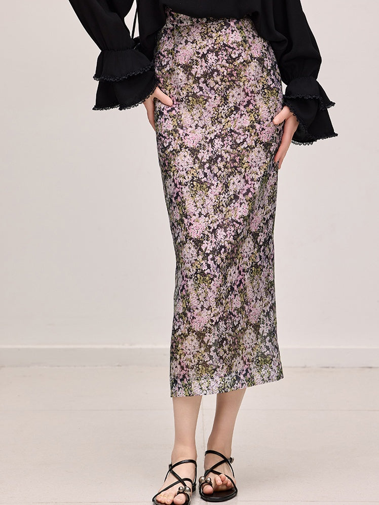 Sheer Acetate Floral Pencil Skirt – Pink High-Waist Midi with Back Slit, Fall Collection