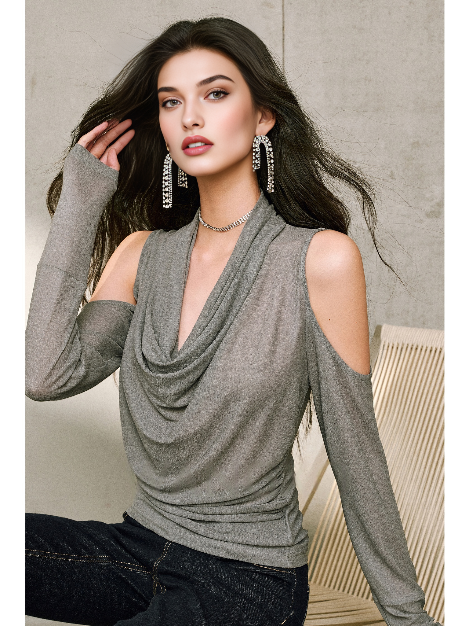 Silk Acetate Crinkle V-Neck Knit Top – Off-Shoulder Draped Design, Gathered Waist, Slimming Long Sleeve