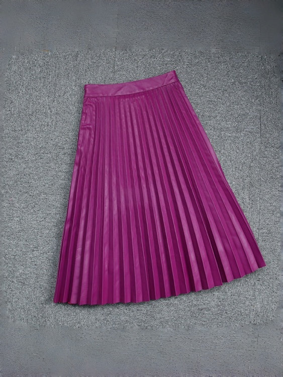 Women's Elegant Vintage High-Waisted Lambskin Leather Pleated Midi Skirt – Luxury Genuine Leather Skirt